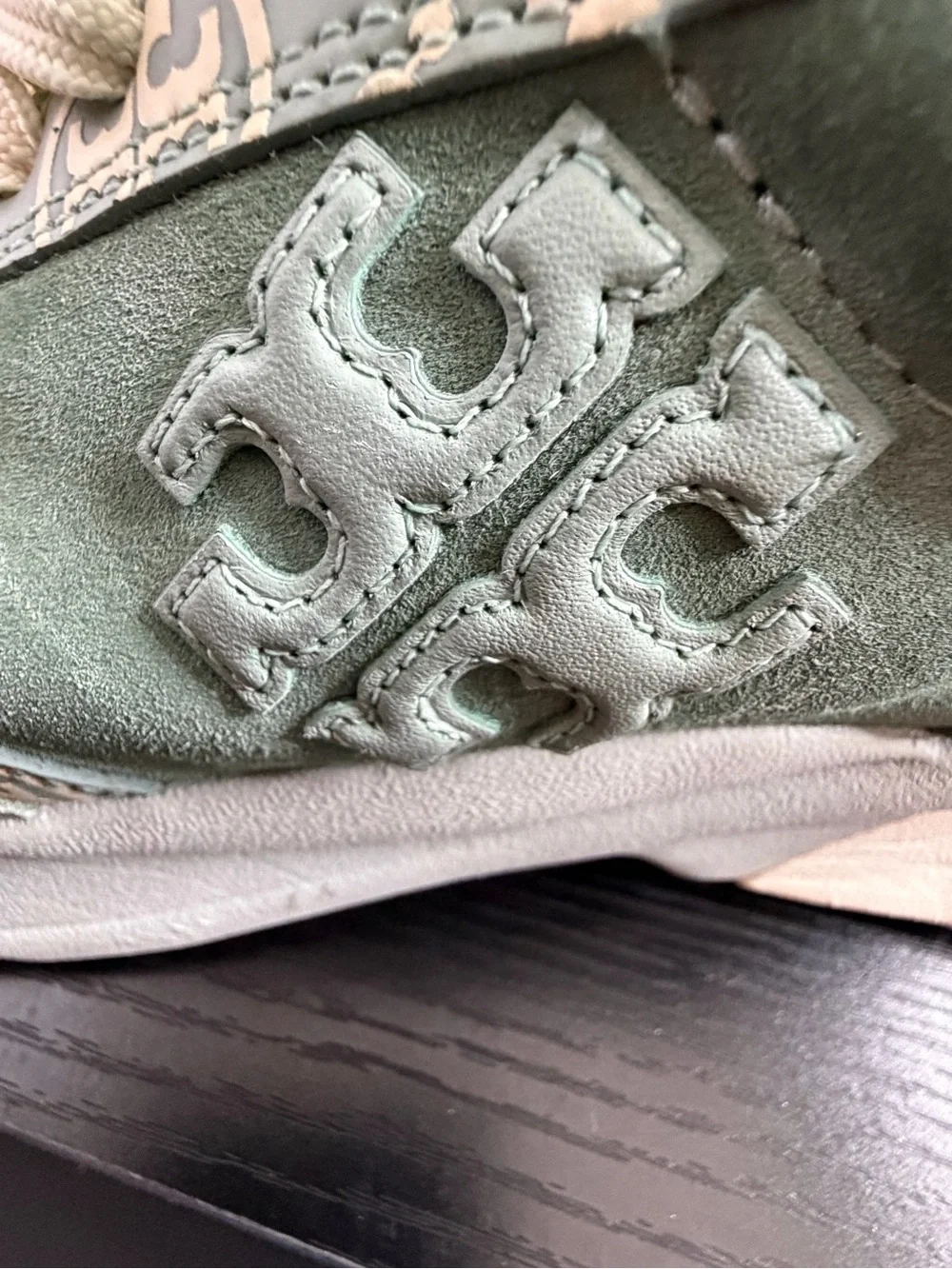 Tory Burch Sage Green Suede Sneakers with Cream Logo Panels